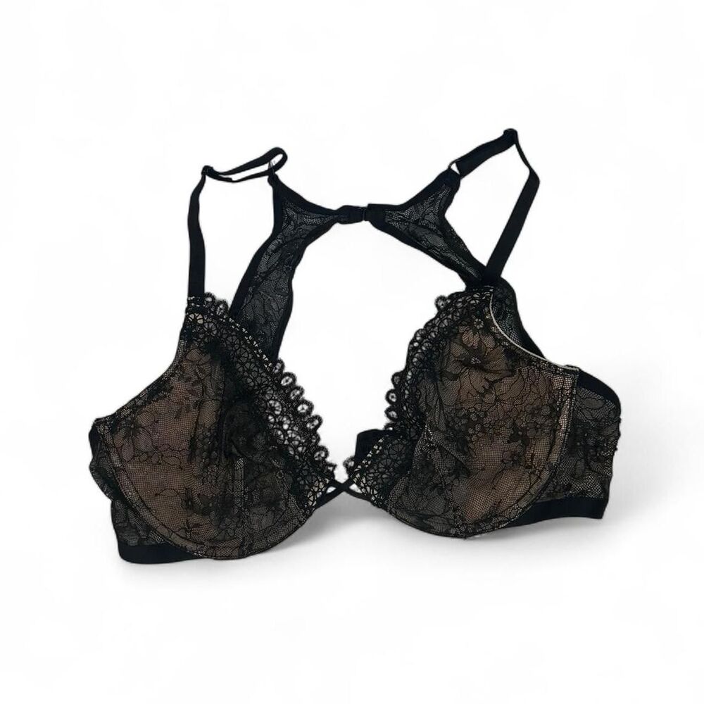 Victoria’s Secret  Black lace unlined plunge bra 32DD